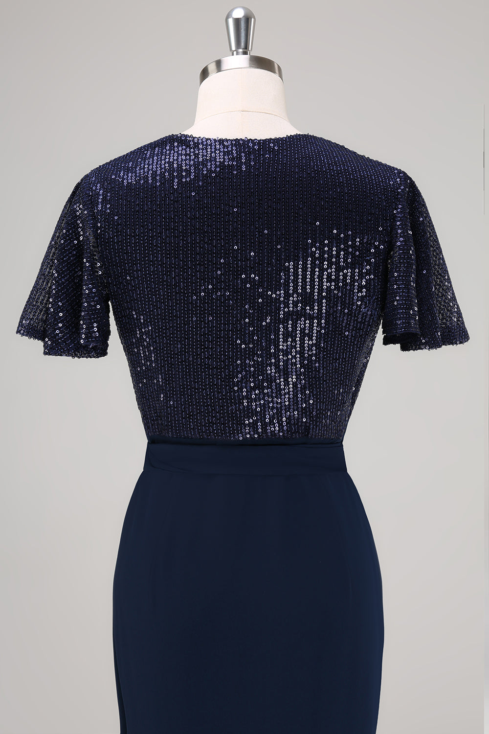 Sparkly Navy Sequined Ruched Wrap Dress with Short Sleeves - Image 5