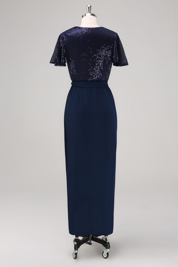 Sparkly Navy Sequined Ruched Wrap Dress with Short Sleeves - Image 2