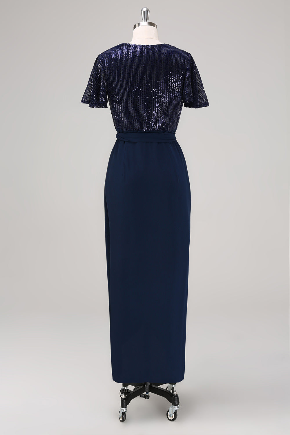 Sparkly Navy Sequined Ruched Wrap Dress with Short Sleeves - Image 2