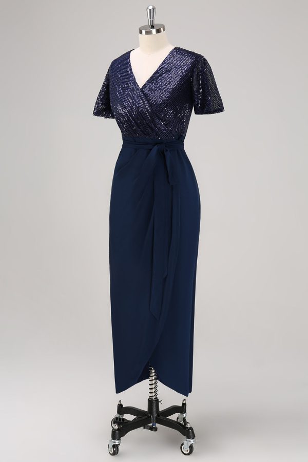 Sparkly Navy Sequined Ruched Wrap Dress with Short Sleeves - Image 3