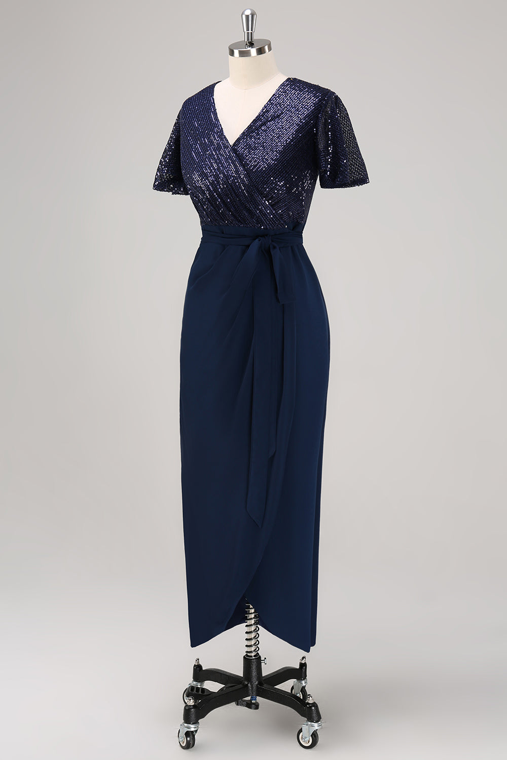 Sparkly Navy Sequined Ruched Wrap Dress with Short Sleeves - Image 3