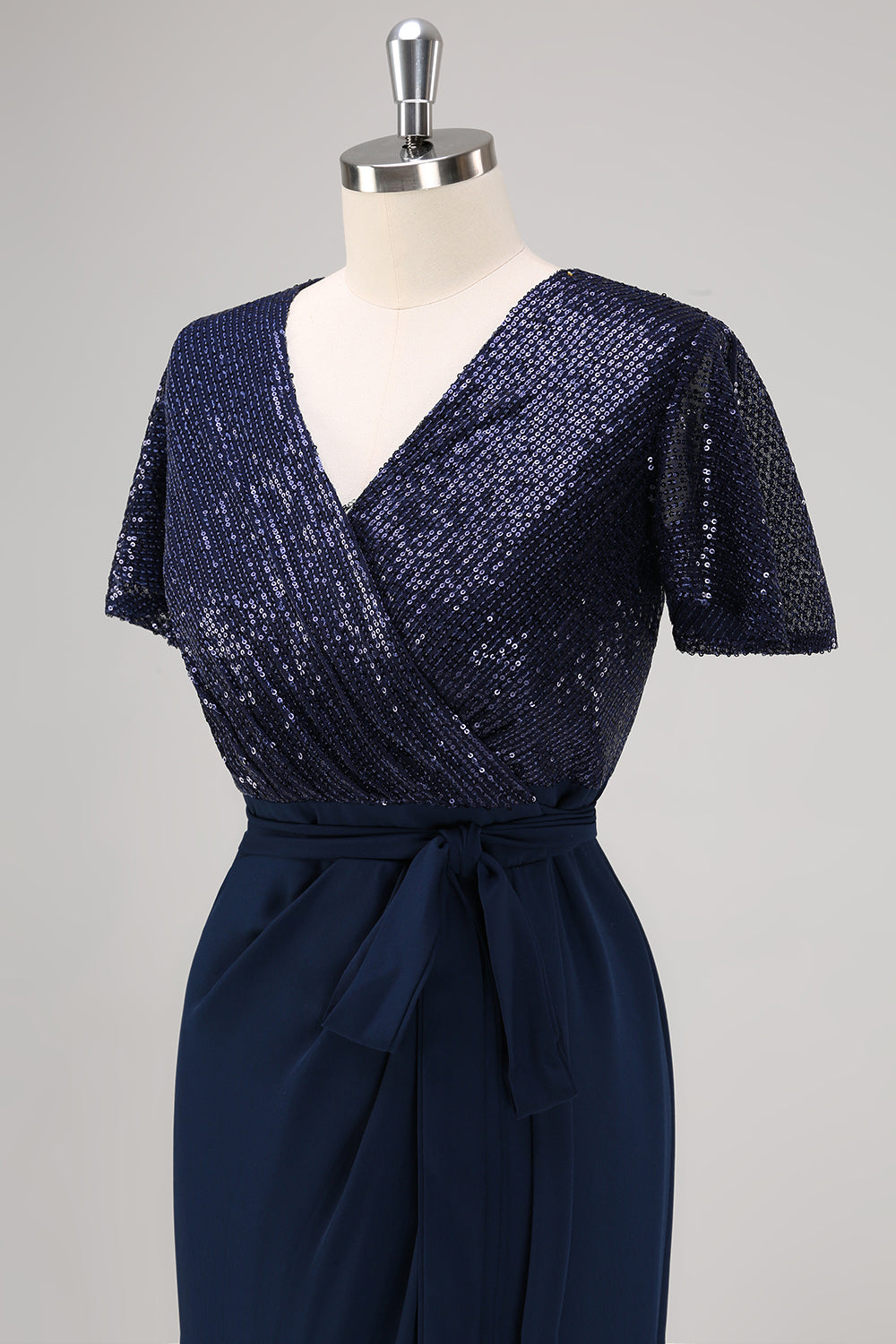 Sparkly Navy Sequined Ruched Wrap Dress with Short Sleeves - Image 6