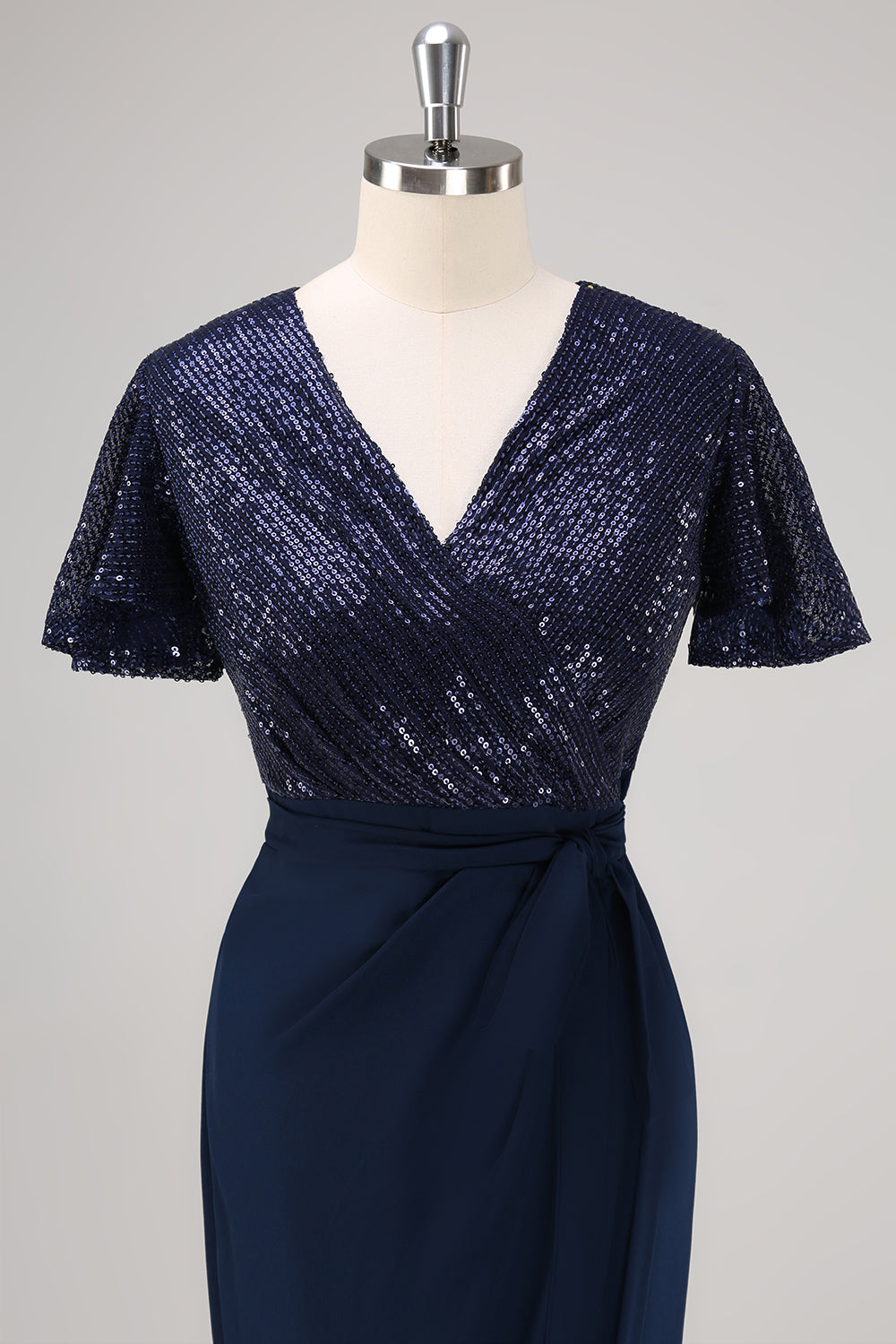 Sparkly Navy Sequined Ruched Wrap Dress with Short Sleeves - Image 4