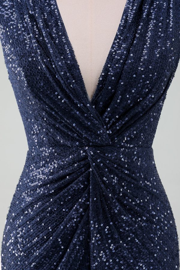 Sparkly Navy V Neck Sheath Tea Length Dress with Slit - Image 6