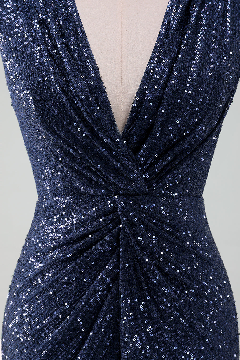 Sparkly Navy V Neck Sheath Tea Length Dress with Slit - Image 6