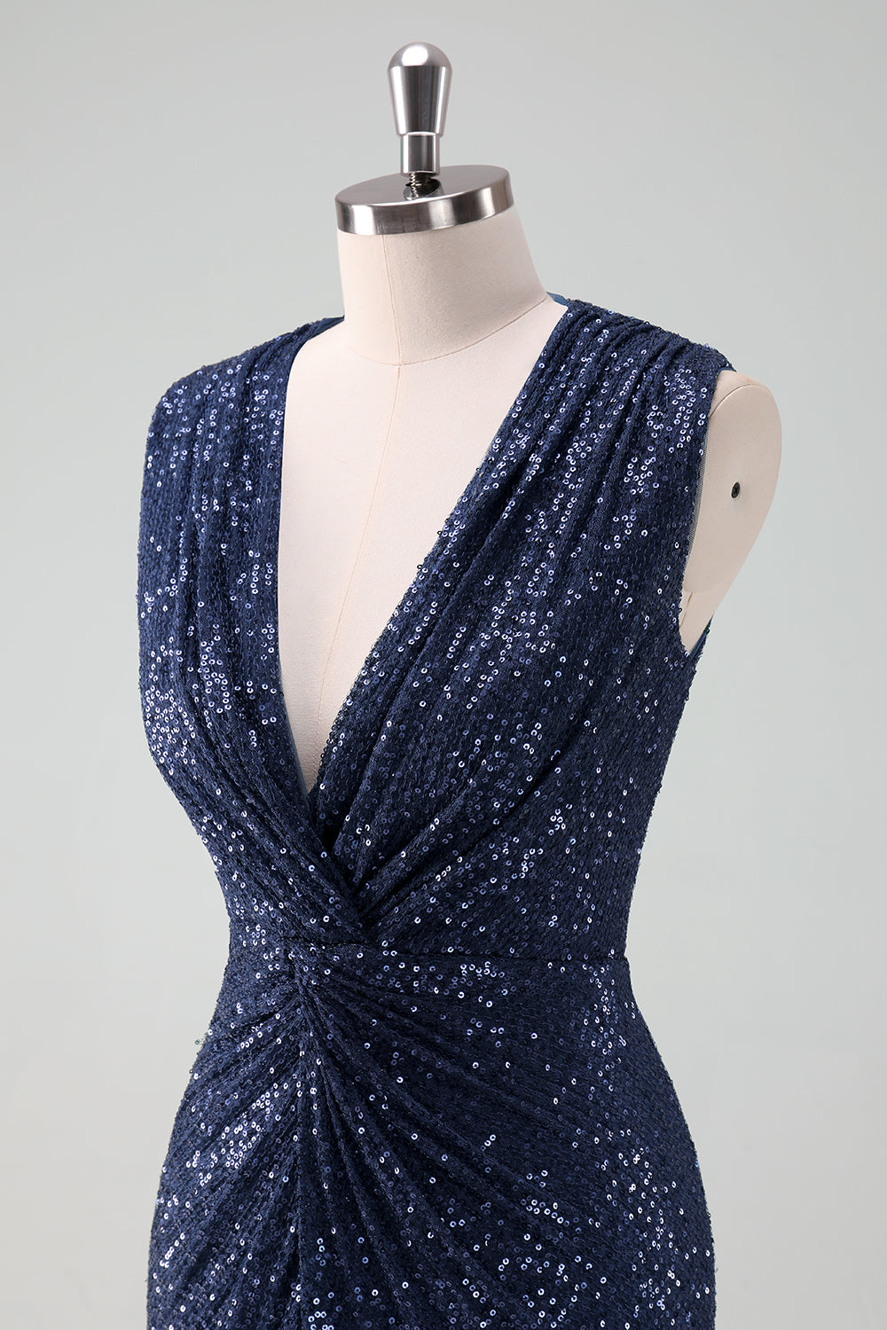 Sparkly Navy V Neck Sheath Tea Length Dress with Slit - Image 5