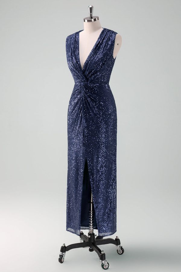 Sparkly Navy V Neck Sheath Tea Length Dress with Slit - Image 3