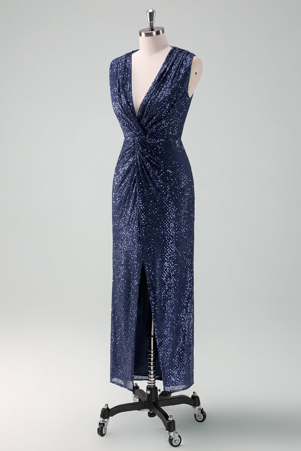 Sparkly Navy V Neck Sheath Tea Length Dress with Slit - Image 3