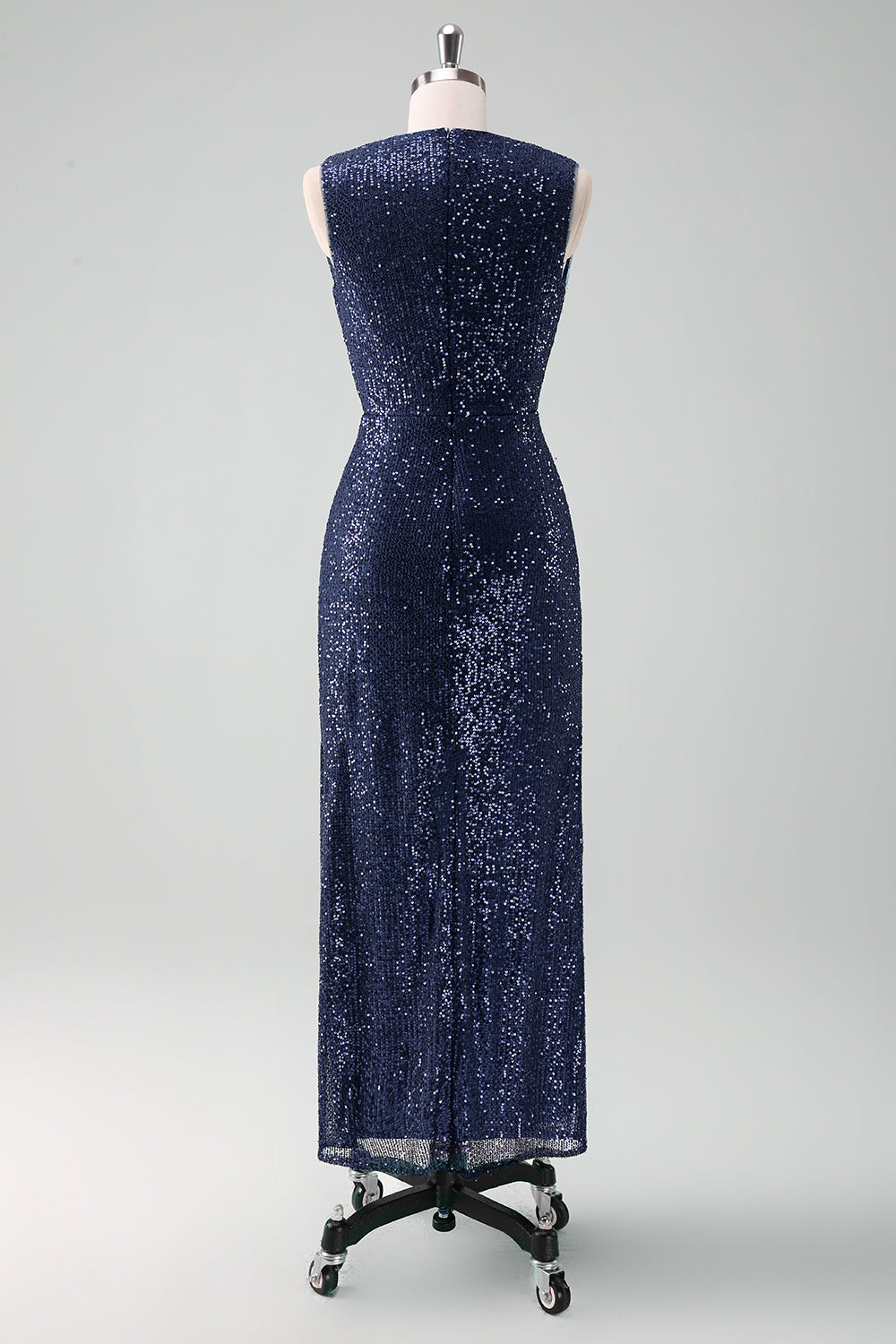 Sparkly Navy V Neck Sheath Tea Length Dress with Slit - Image 2