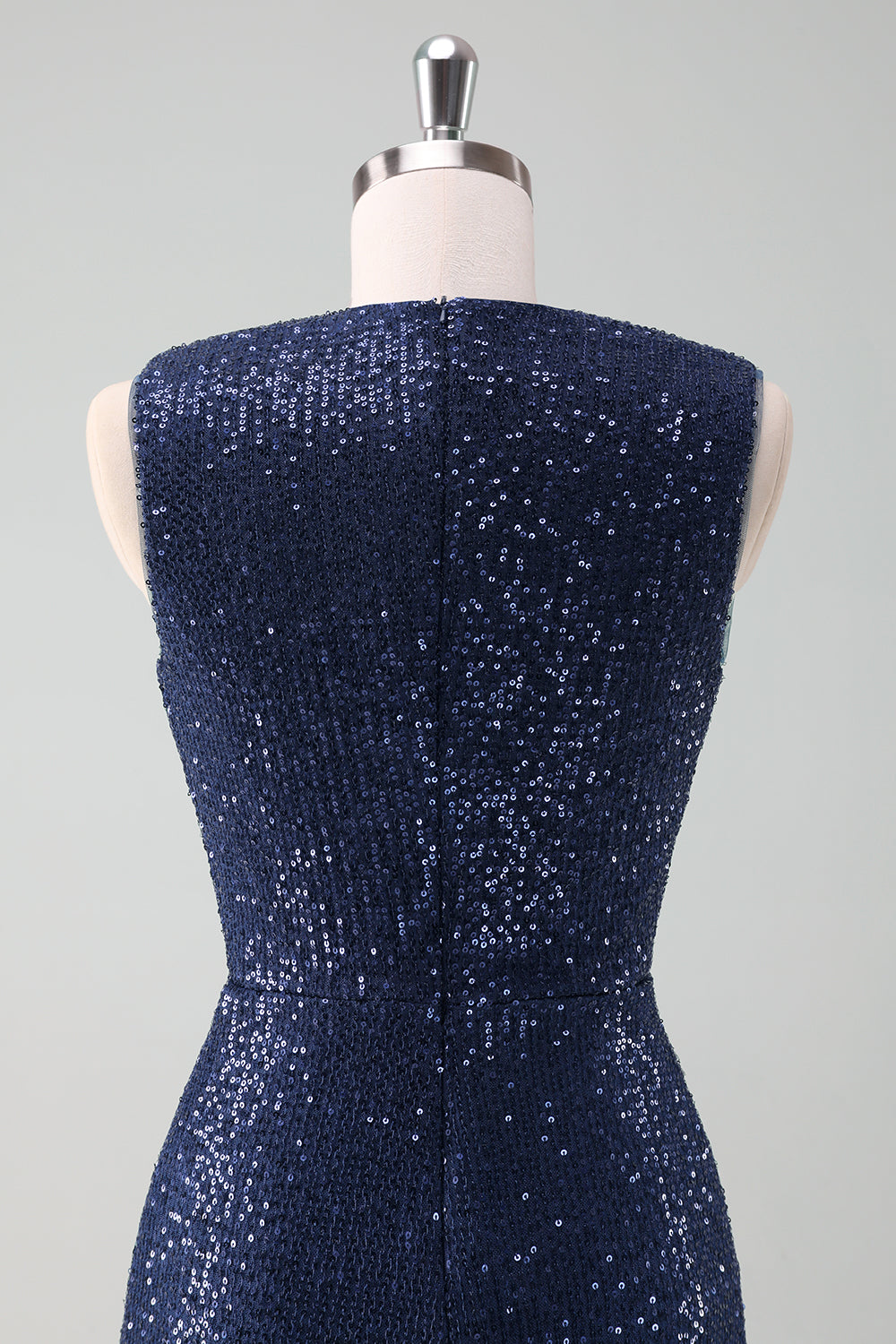 Sparkly Navy V Neck Sheath Tea Length Dress with Slit - Image 4