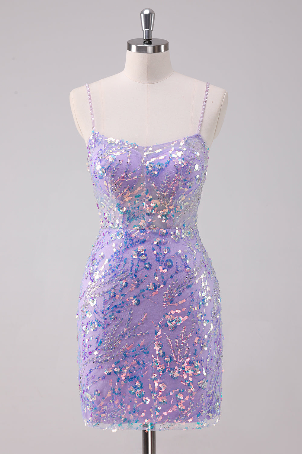 Sparkly Purple Bodycon Spaghetti Straps Sequins Mini Dress - Image 1