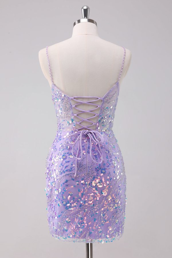 Sparkly Purple Bodycon Spaghetti Straps Sequins Mini Dress - Image 2