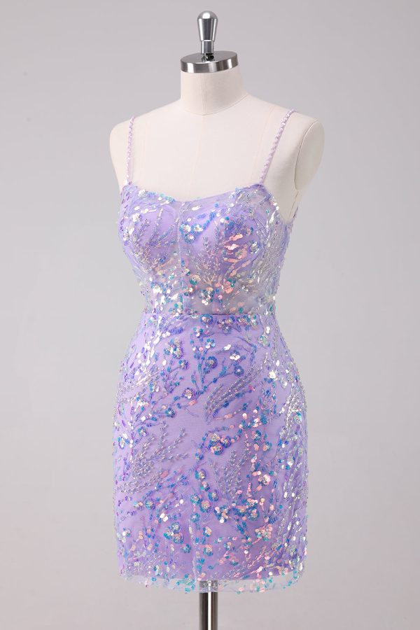 Sparkly Purple Bodycon Spaghetti Straps Sequins Mini Dress - Image 5