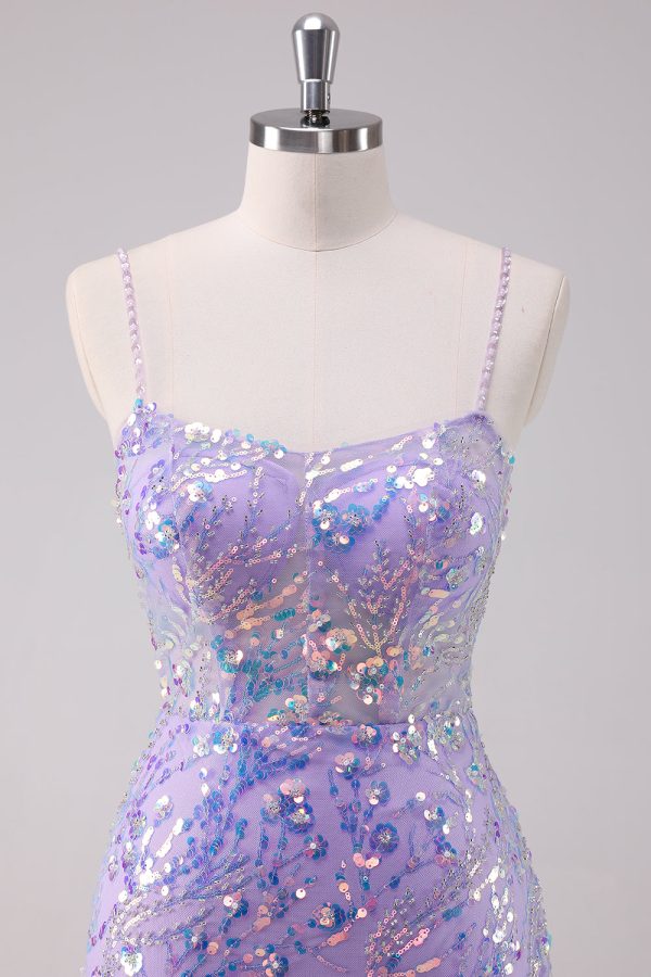 Sparkly Purple Bodycon Spaghetti Straps Sequins Mini Dress - Image 6
