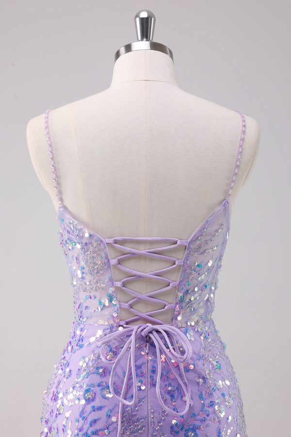Sparkly Purple Bodycon Spaghetti Straps Sequins Mini Dress - Image 7