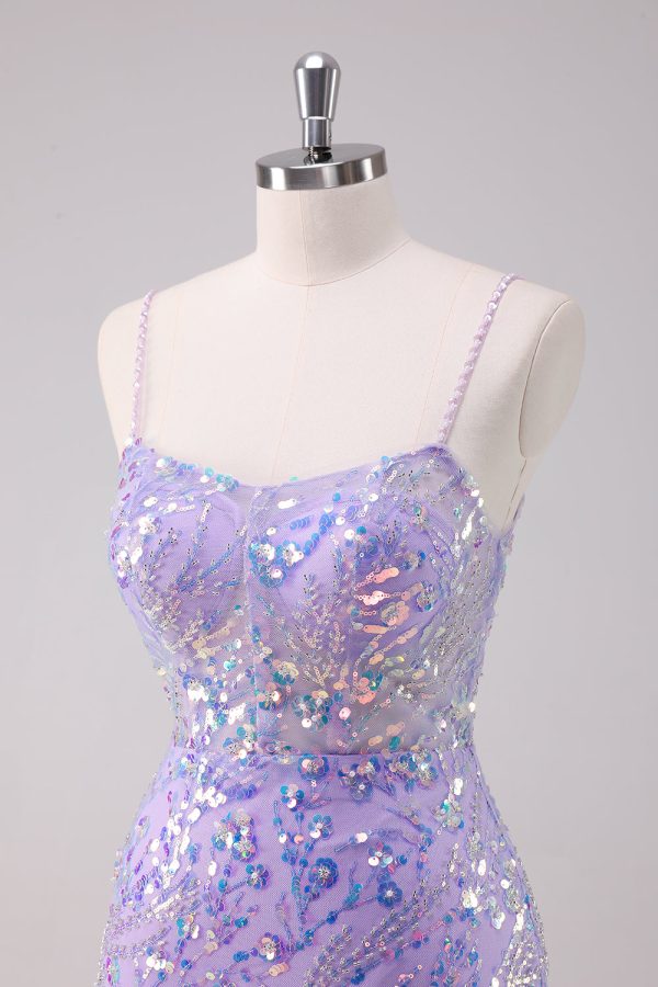 Sparkly Purple Bodycon Spaghetti Straps Sequins Mini Dress - Image 8