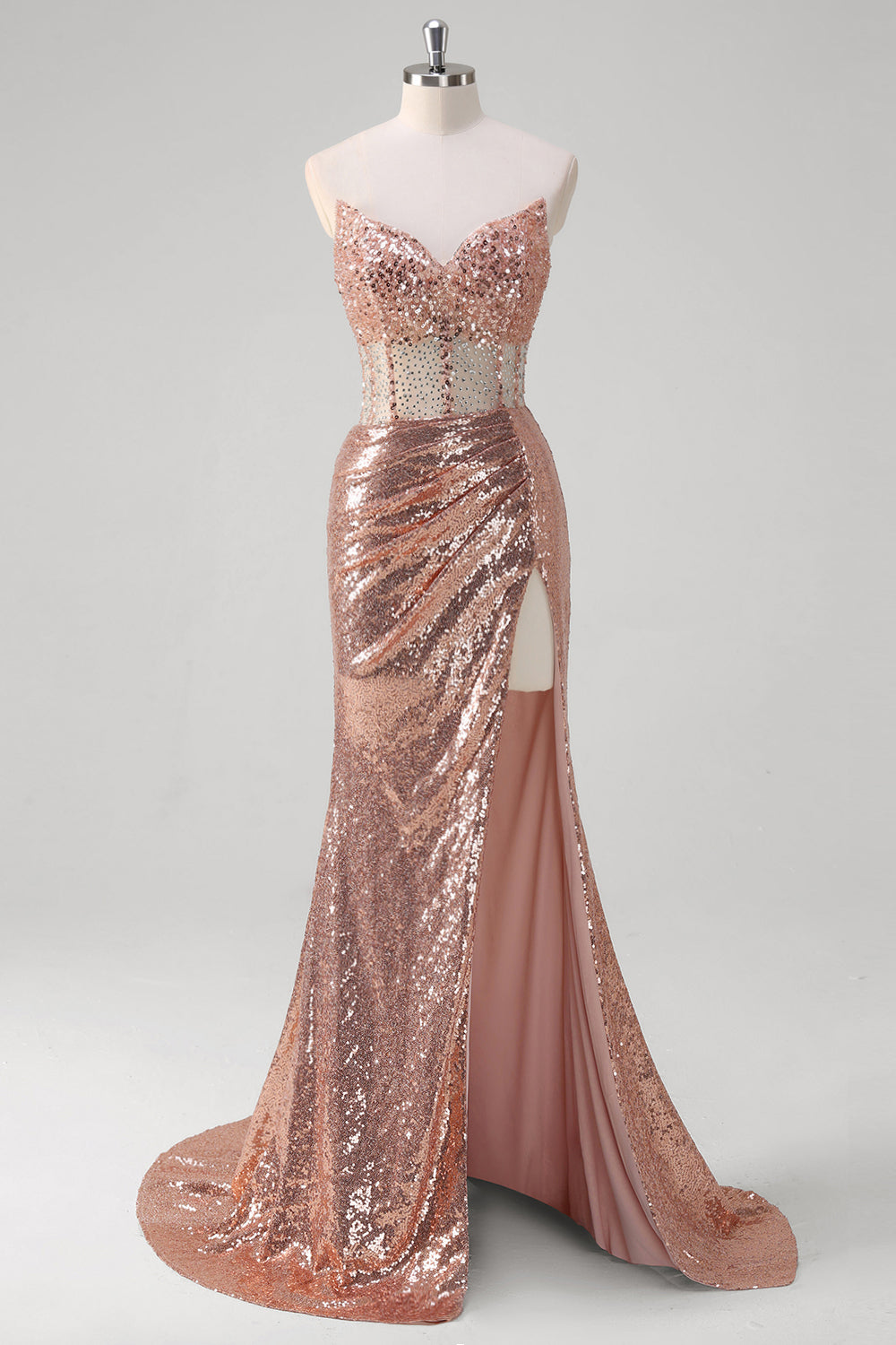 Sparkly Rose Golden Corset Strapless Floor Length Prom Dress with Slit - Image 1