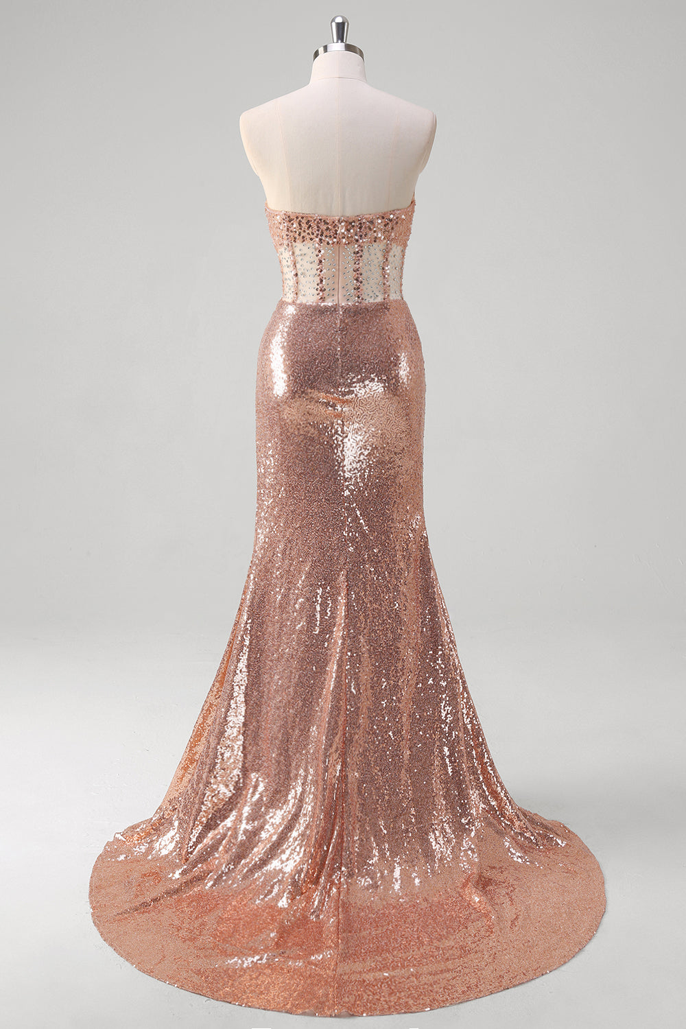 Sparkly Rose Golden Corset Strapless Floor Length Prom Dress with Slit - Image 2