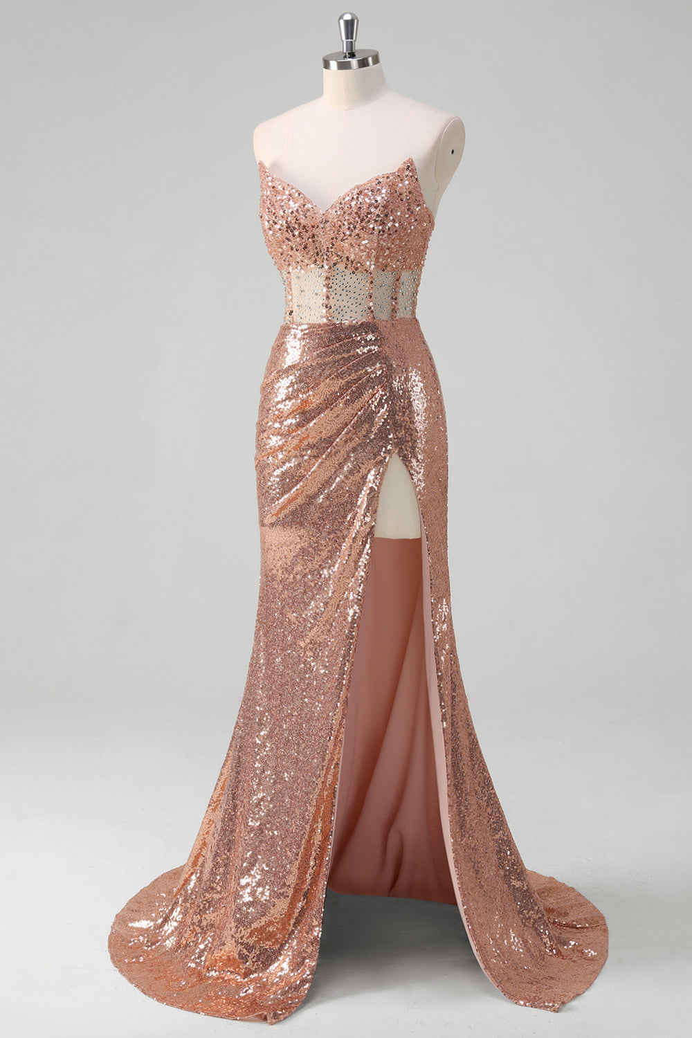 Sparkly Rose Golden Corset Strapless Floor Length Prom Dress with Slit - Image 3
