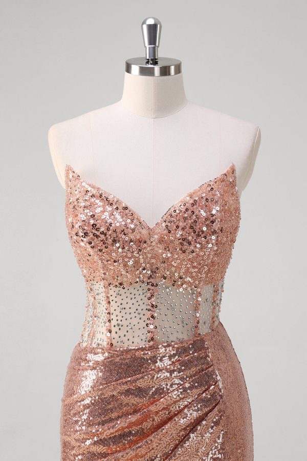 Sparkly Rose Golden Corset Strapless Floor Length Prom Dress with Slit - Image 4