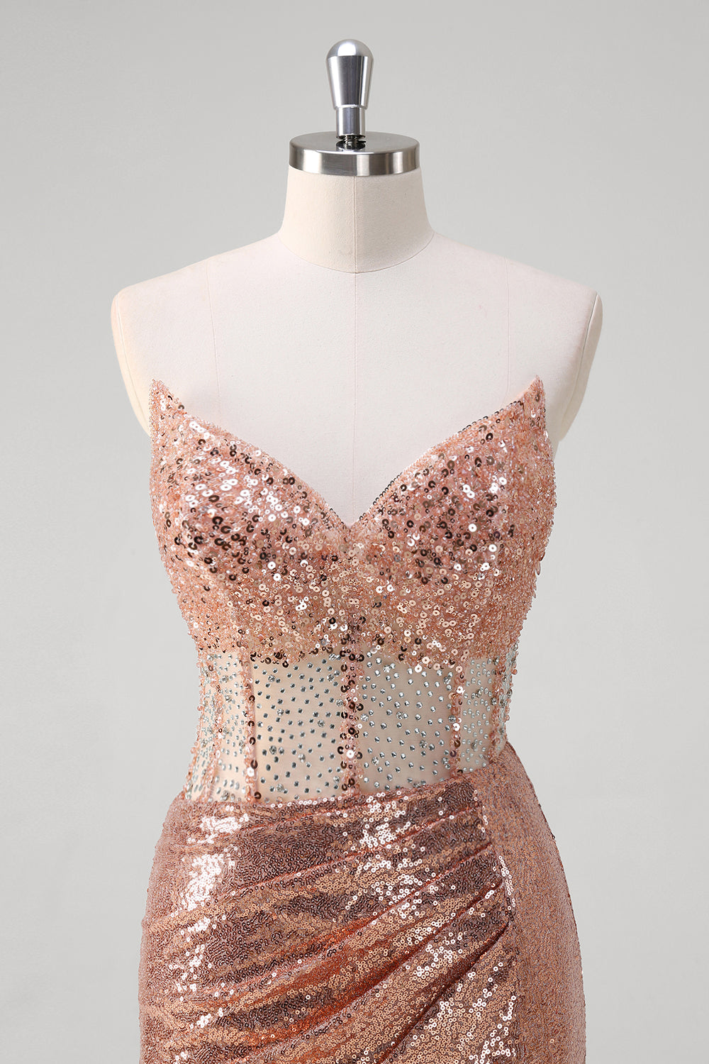 Sparkly Rose Golden Corset Strapless Floor Length Prom Dress with Slit - Image 4