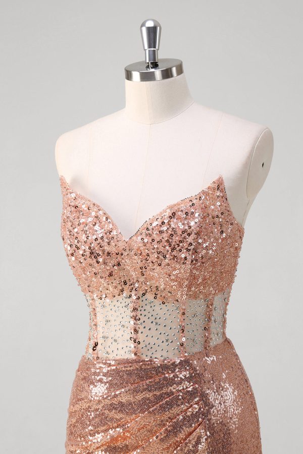 Sparkly Rose Golden Corset Strapless Floor Length Prom Dress with Slit - Image 6