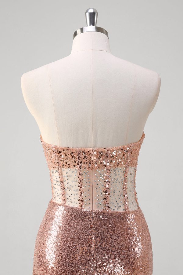 Sparkly Rose Golden Corset Strapless Floor Length Prom Dress with Slit - Image 5
