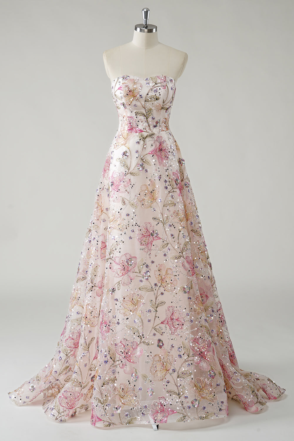 Sparkly Pink A-Line Strapless Sequin Floral Long Prom Dress - Image 1