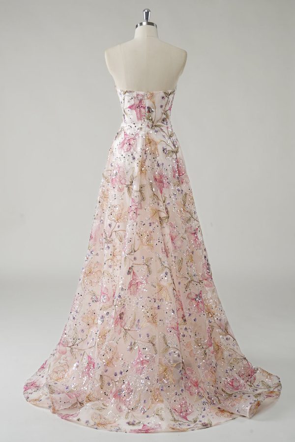 Sparkly Pink A-Line Strapless Sequin Floral Long Prom Dress - Image 2