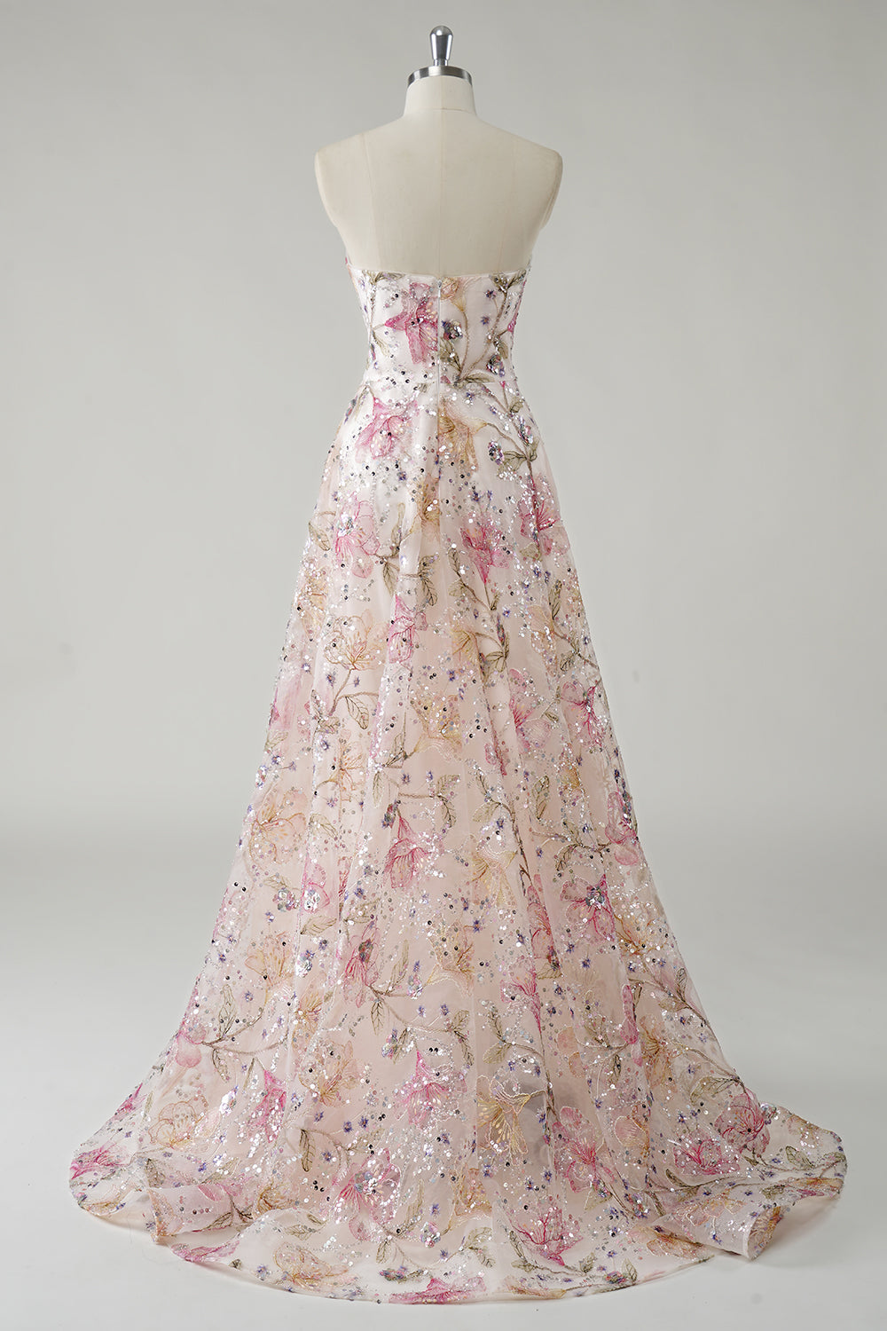 Sparkly Pink A-Line Strapless Sequin Floral Long Prom Dress - Image 2