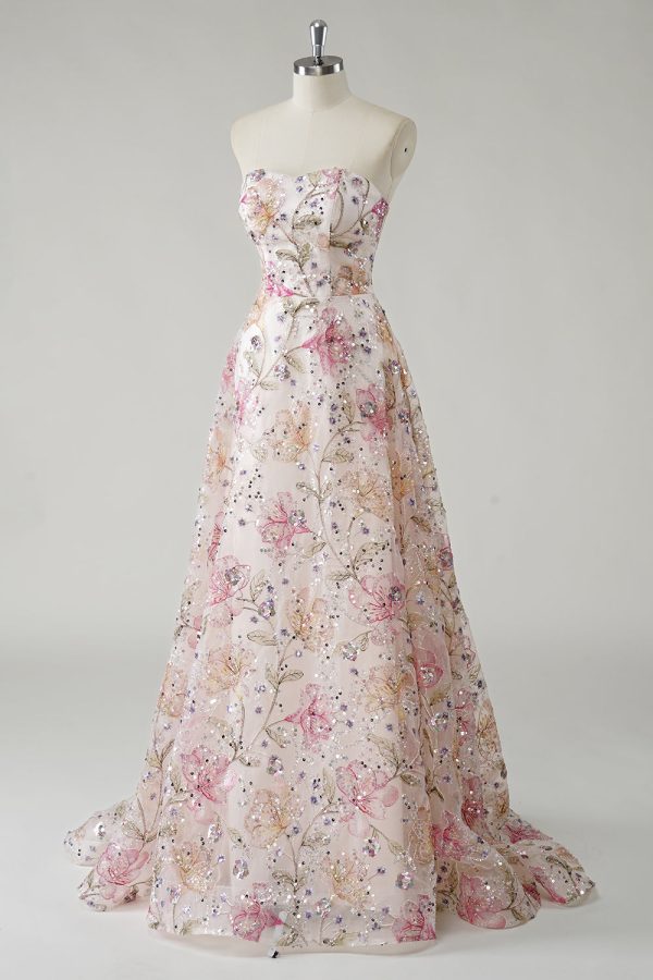 Sparkly Pink A-Line Strapless Sequin Floral Long Prom Dress - Image 5