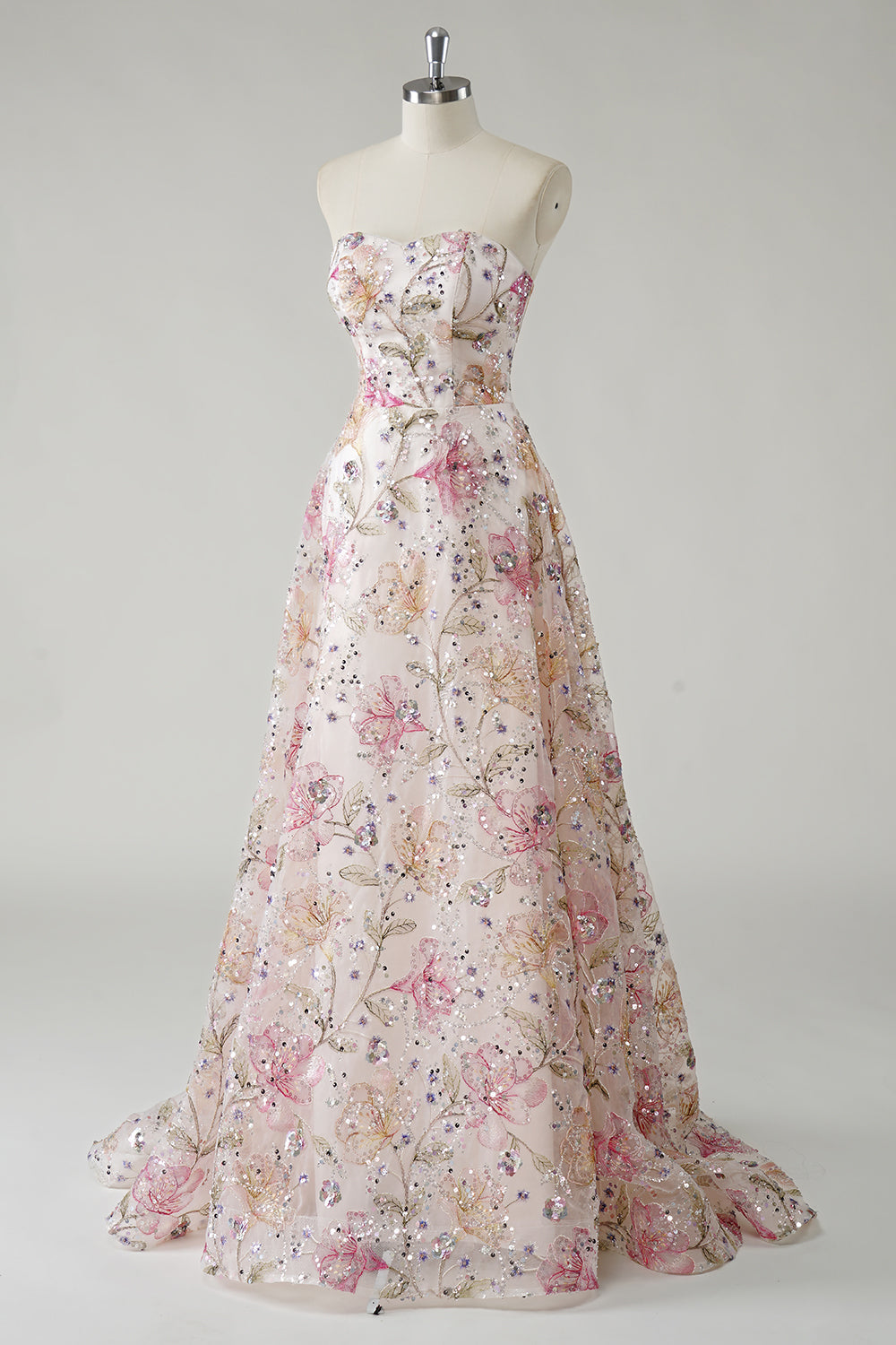 Sparkly Pink A-Line Strapless Sequin Floral Long Prom Dress - Image 5