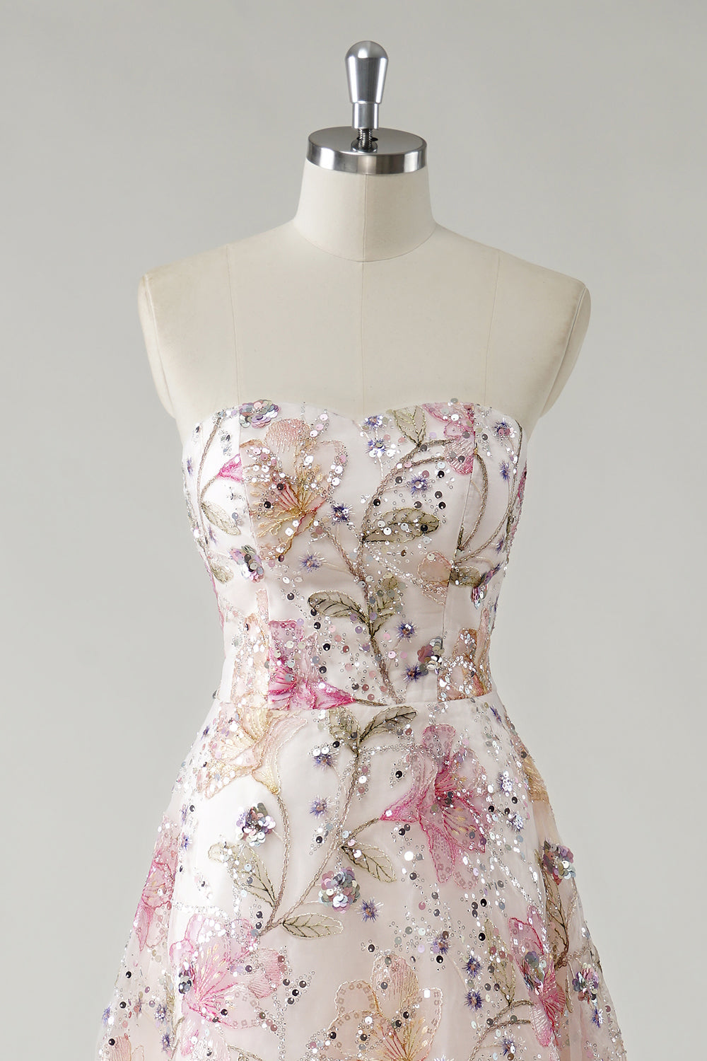 Sparkly Pink A-Line Strapless Sequin Floral Long Prom Dress - Image 6