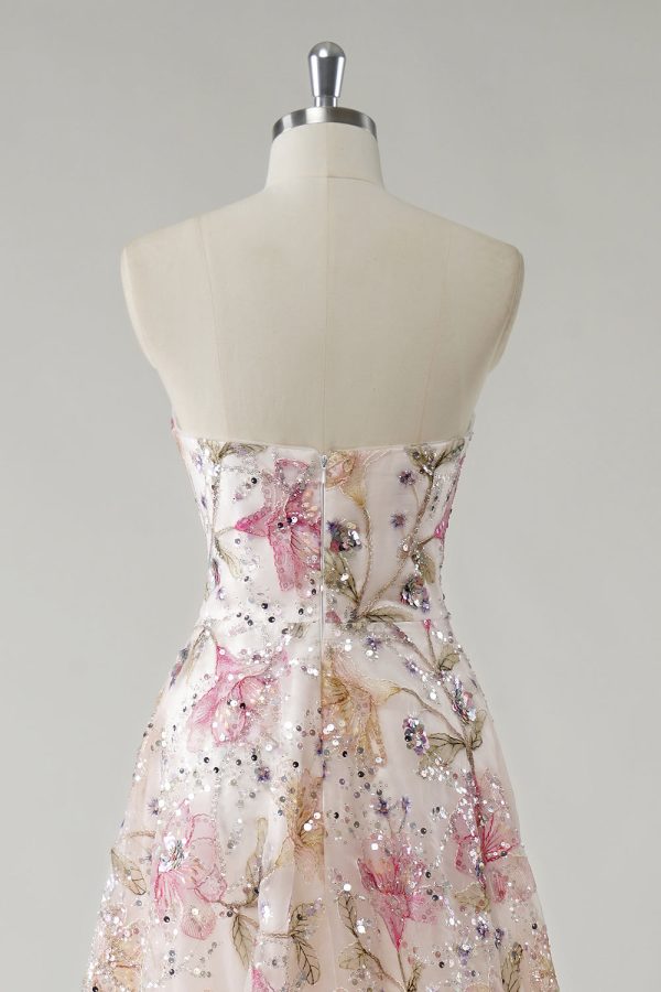 Sparkly Pink A-Line Strapless Sequin Floral Long Prom Dress - Image 7