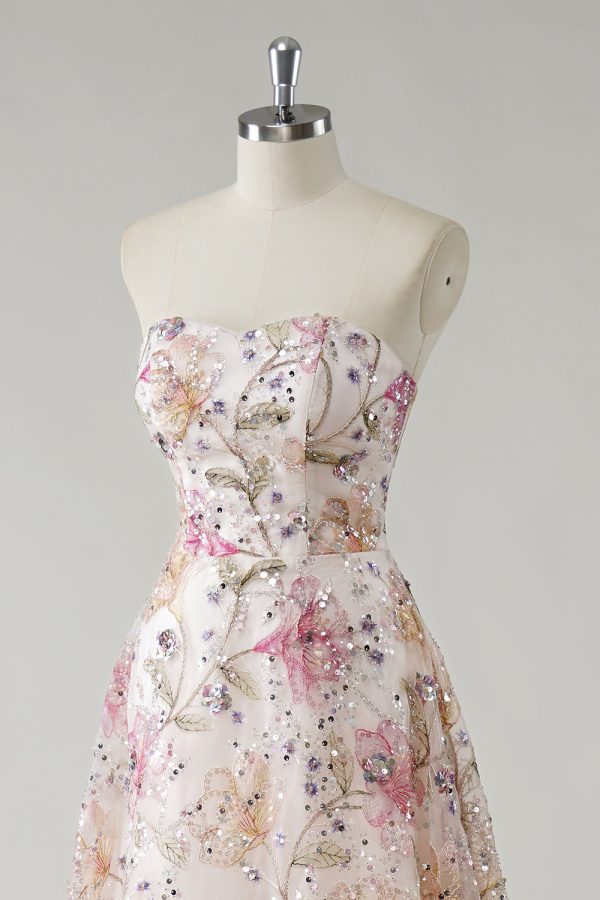Sparkly Pink A-Line Strapless Sequin Floral Long Prom Dress - Image 8