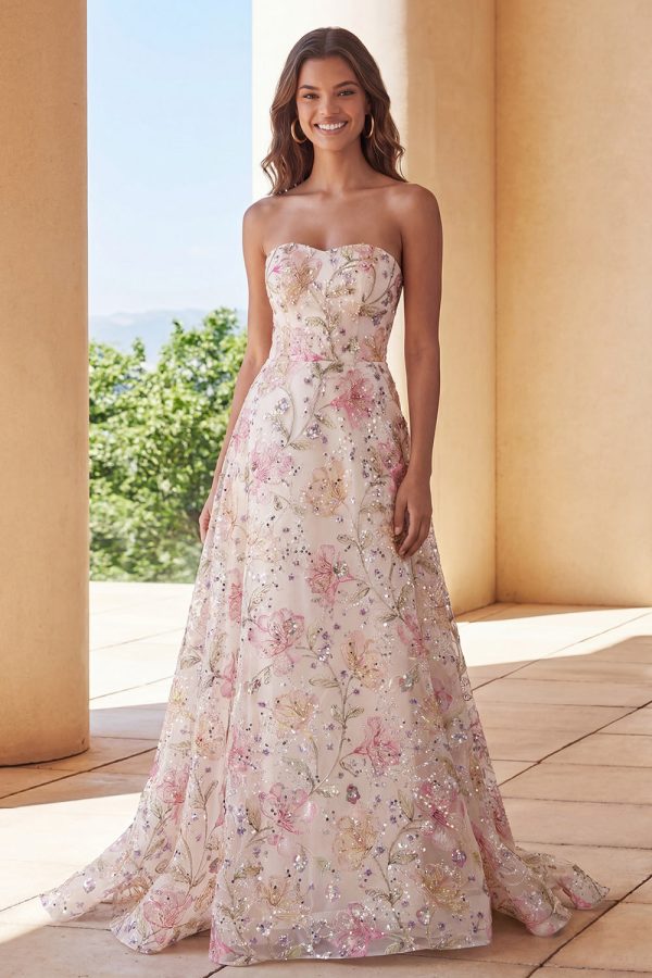 Sparkly Pink A-Line Strapless Sequin Floral Long Prom Dress - Image 3