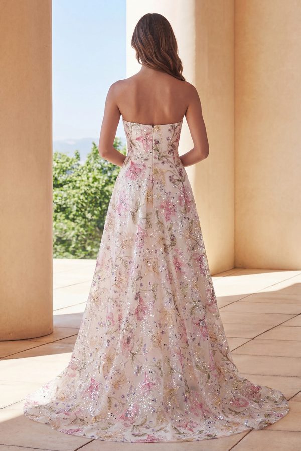 Sparkly Pink A-Line Strapless Sequin Floral Long Prom Dress - Image 4