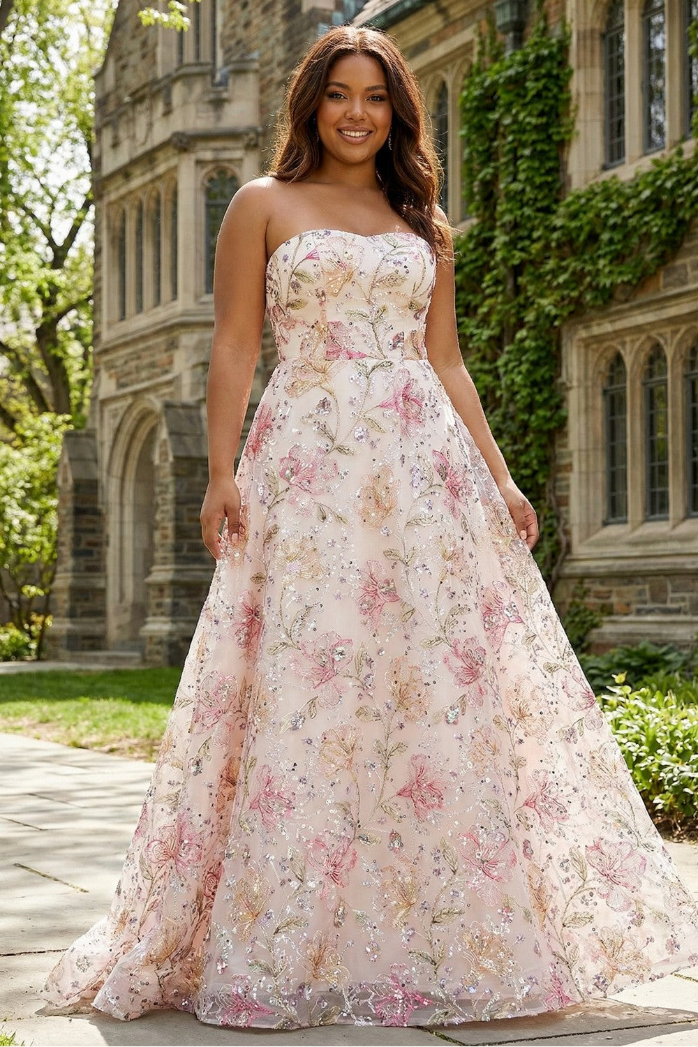 Sparkly Pink Floral A-Line Strapless Plus Size Maxi Prom Dress - Image 1