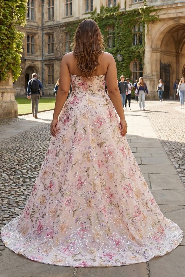 Sparkly Pink Floral A-Line Strapless Plus Size Maxi Prom Dress - Image 2