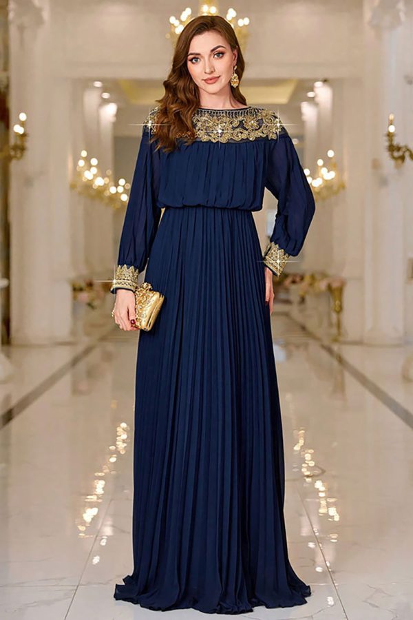 Sparkly Navy Sheath Pleated Maxi Dress with Long Sleeves - Image 3