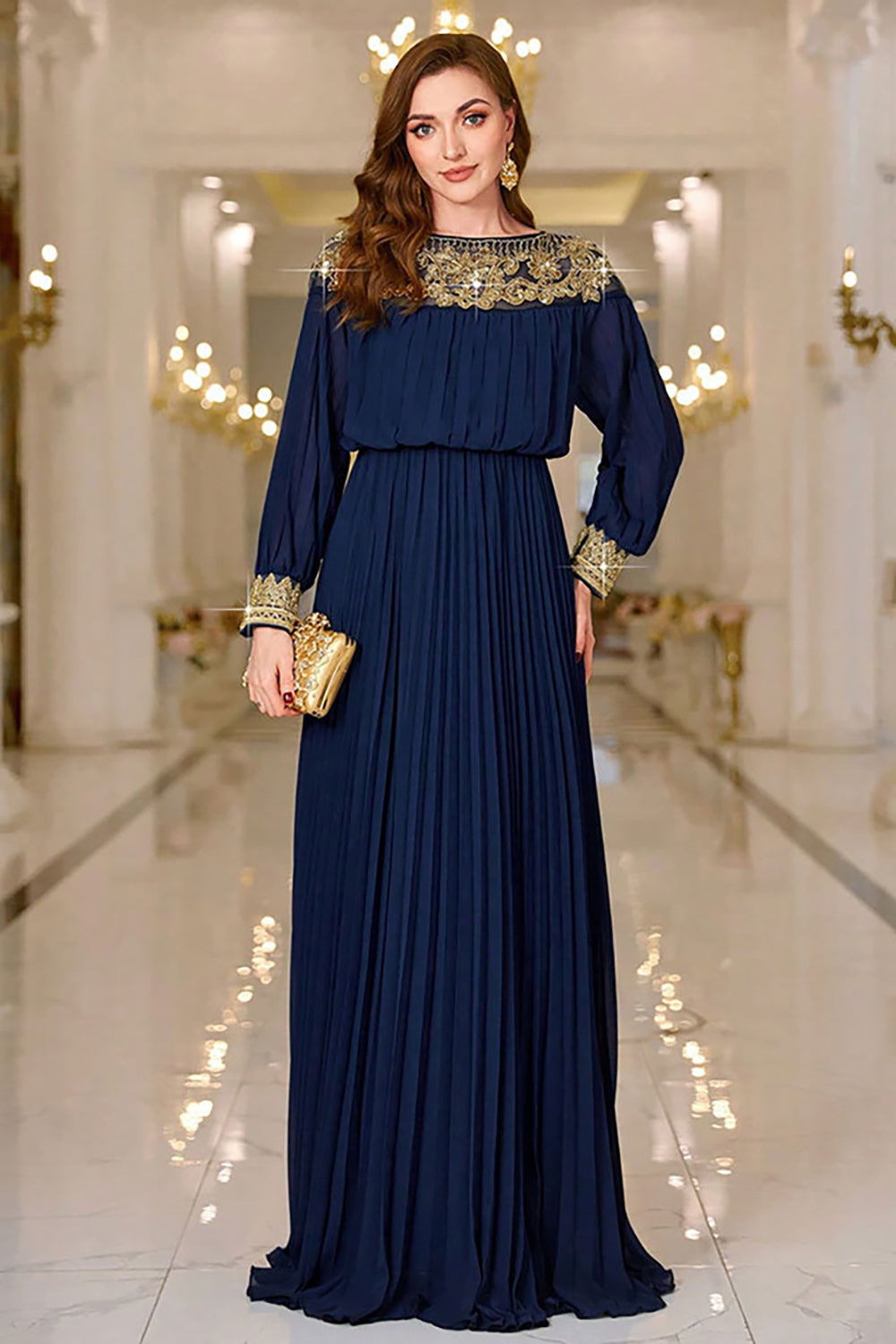 Sparkly Navy Sheath Pleated Maxi Dress with Long Sleeves - Image 3