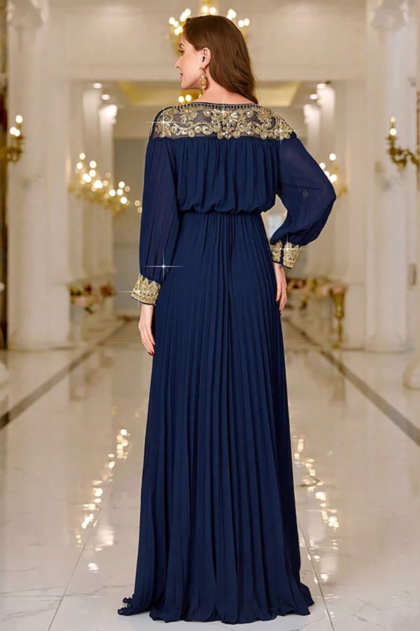 Sparkly Navy Sheath Pleated Maxi Dress with Long Sleeves - Image 2