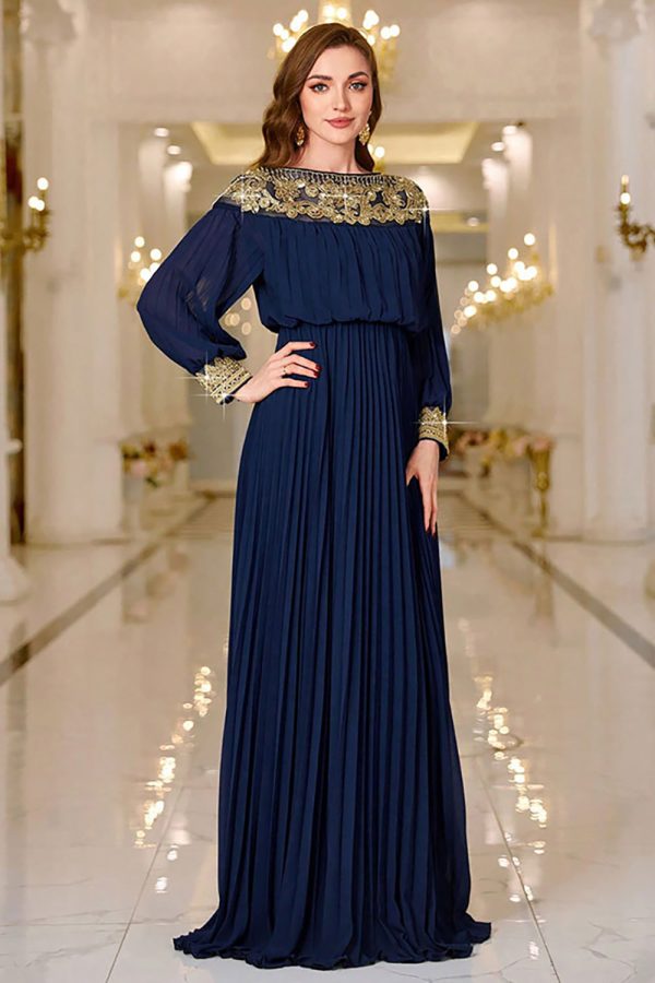 Sparkly Navy Sheath Pleated Maxi Dress with Long Sleeves - Image 4