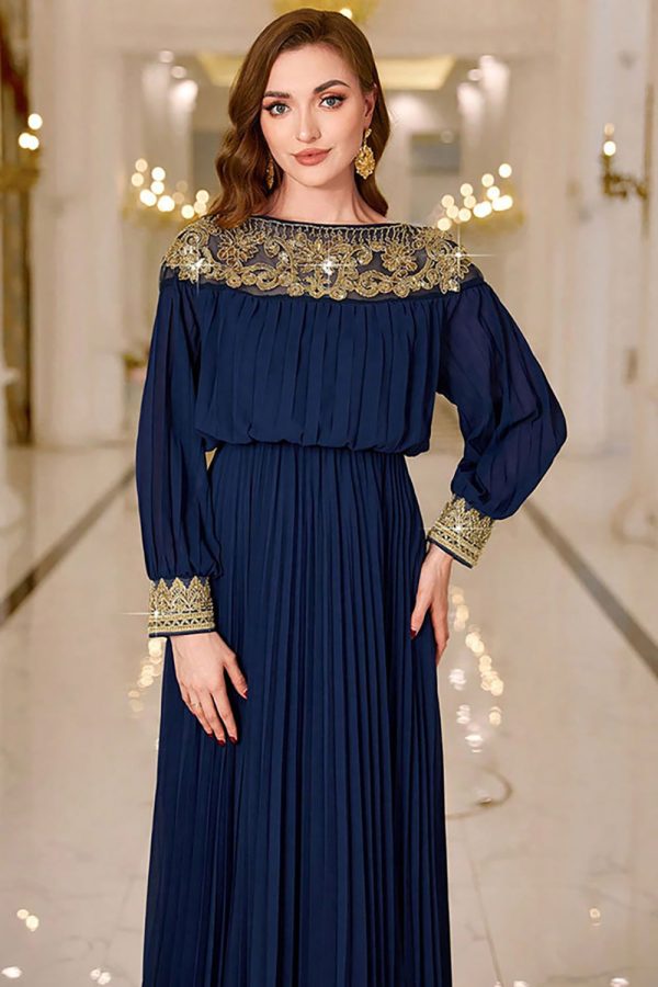Sparkly Navy Sheath Pleated Maxi Dress with Long Sleeves - Image 5