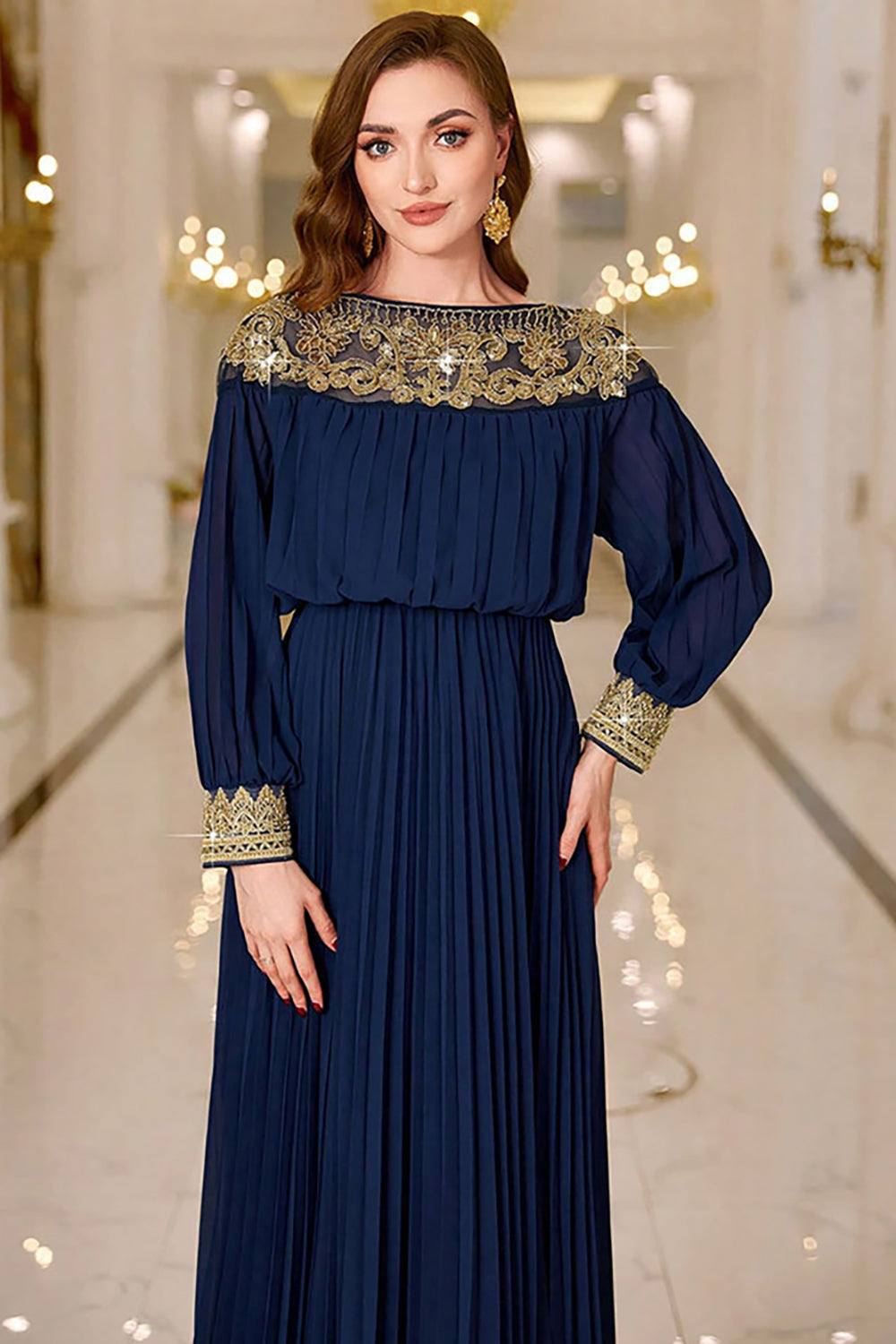Sparkly Navy Sheath Pleated Maxi Dress with Long Sleeves - Image 5