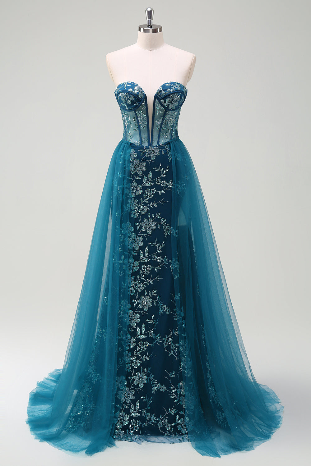 Sparkly Peacock Blue Strapless Corset Prom Dress with Detachable Tulle - Image 1
