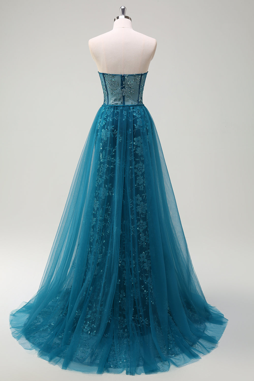 Sparkly Peacock Blue Strapless Corset Prom Dress with Detachable Tulle - Image 2