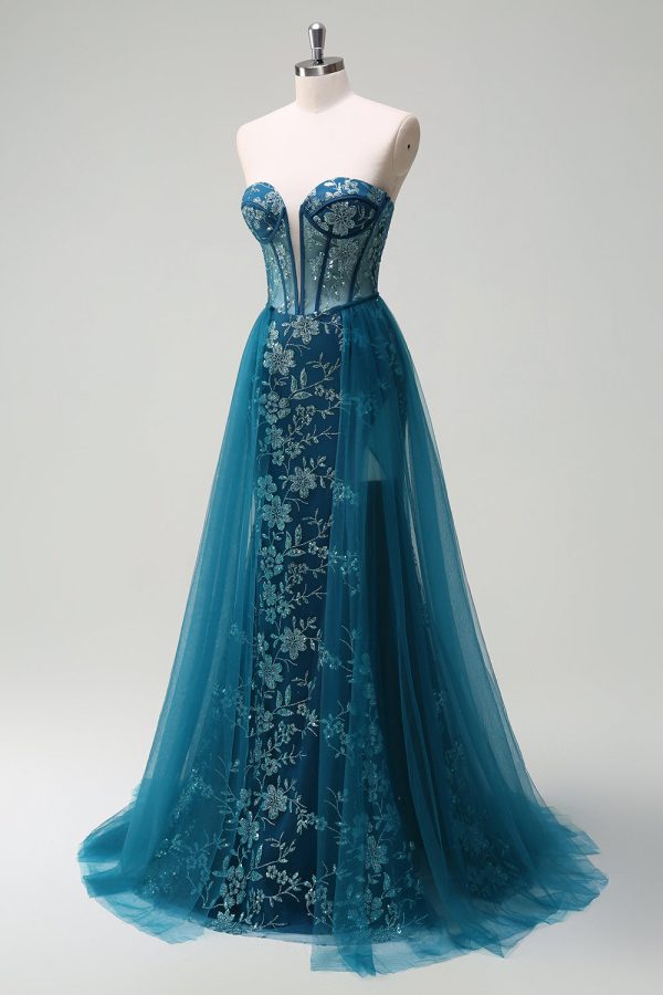 Sparkly Peacock Blue Strapless Corset Prom Dress with Detachable Tulle - Image 3