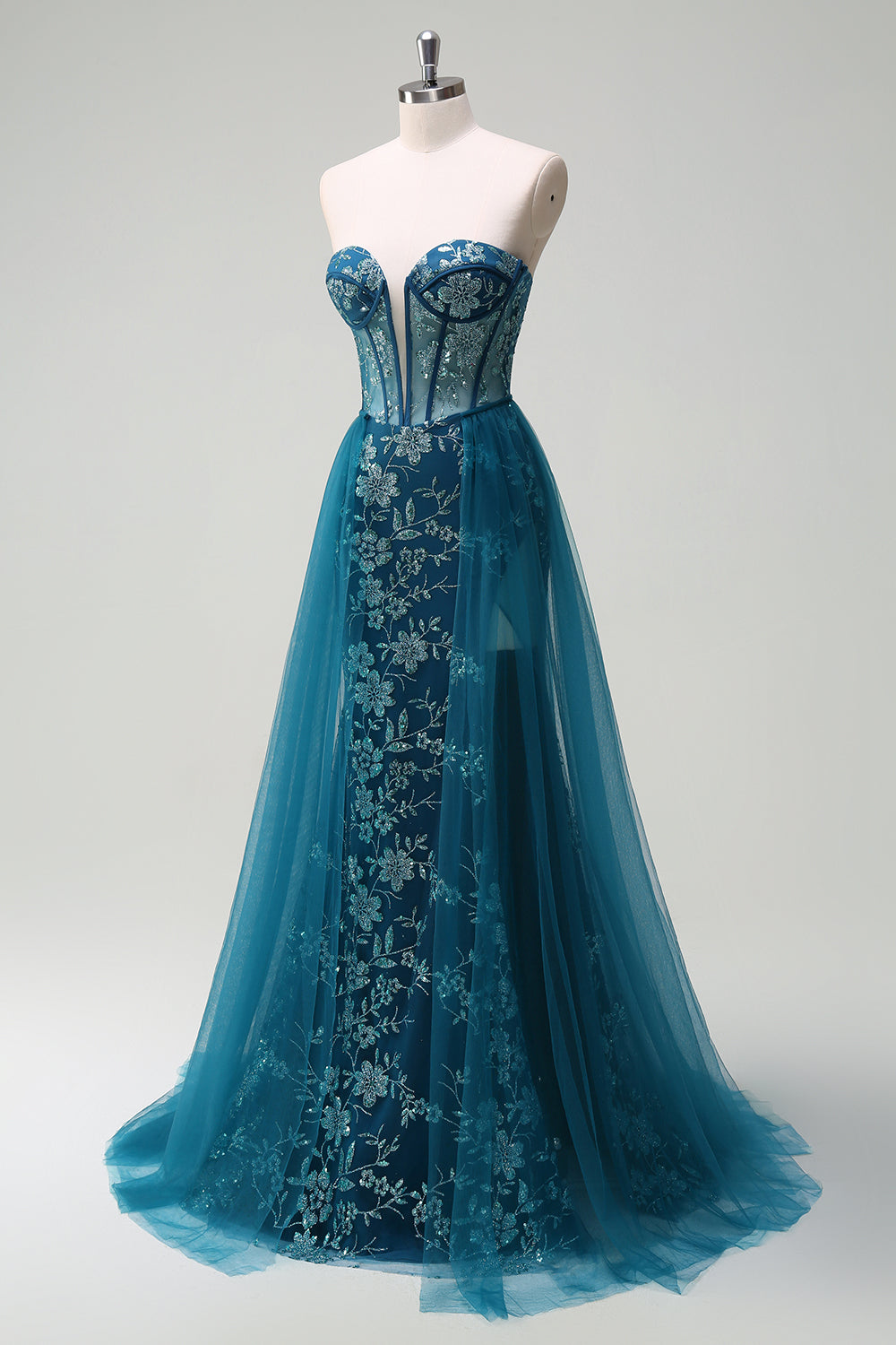 Sparkly Peacock Blue Strapless Corset Prom Dress with Detachable Tulle - Image 3