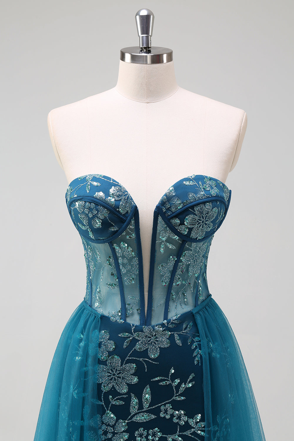 Sparkly Peacock Blue Strapless Corset Prom Dress with Detachable Tulle - Image 4